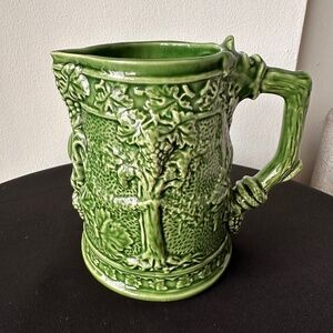 Bordallo Pinheiro Green Majolica Pitcher – Grapevine Relief Portugal Ceramic Jug